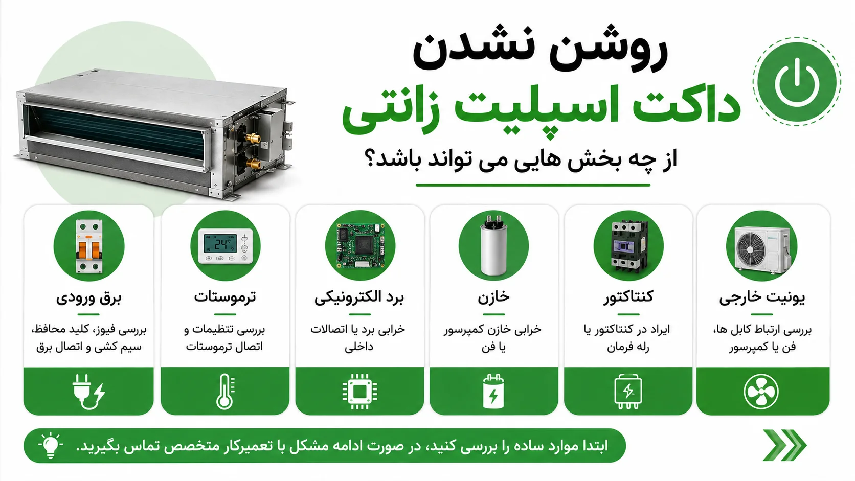 تعمیرات داکت اسپلیت زانتی، عیب یابی خرابی ها و راهنمای تعمیر 2 روشن نشدن داکت اسپلیت زانتی از چه بخش هایی می تواند باشد؟