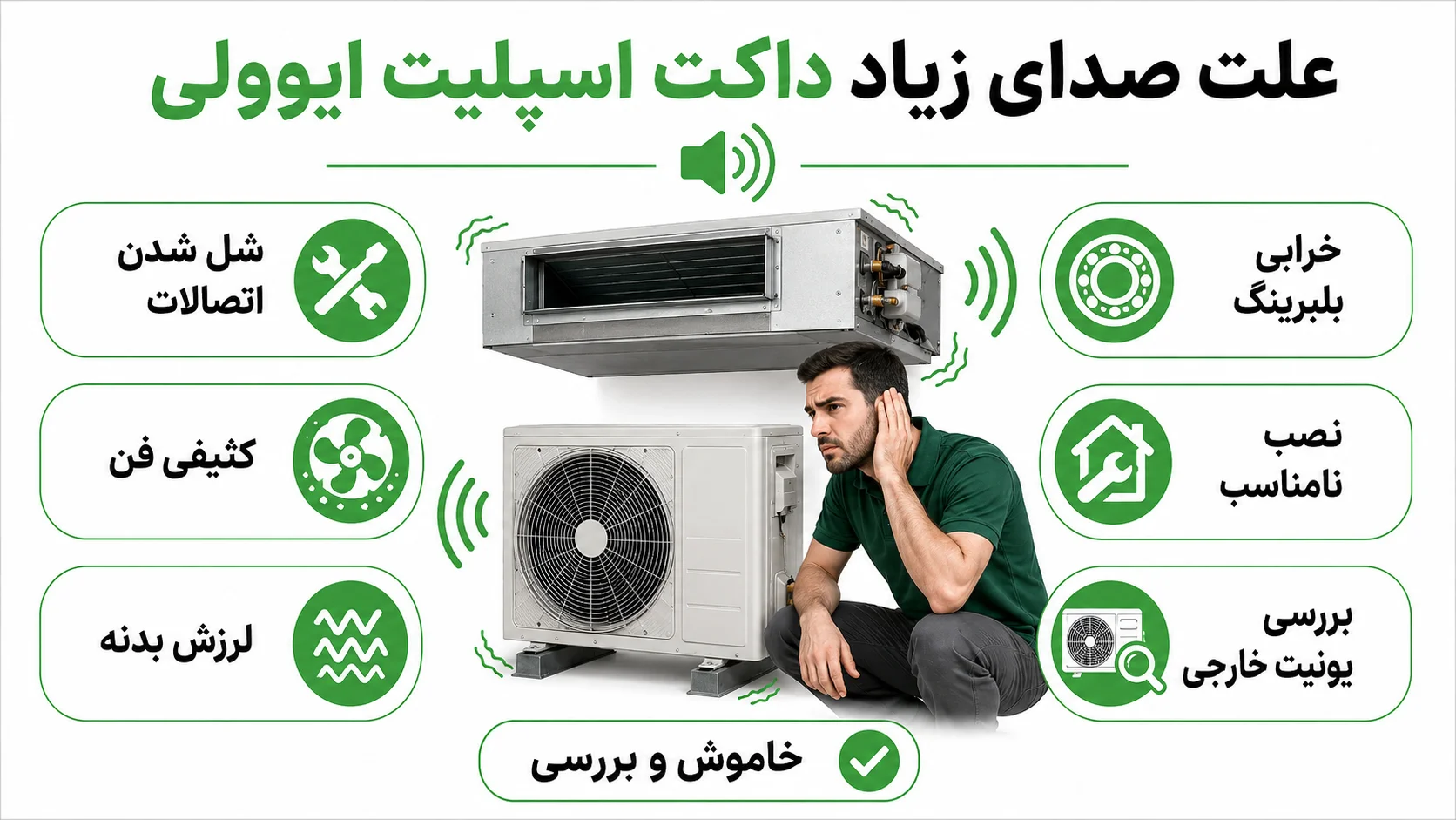 تعمیرات داکت اسپلیت ایوولی، عیب یابی مشکلات رایج و راهنمای تعمیر 2 علت صدای زیاد داکت اسپلیت ایوولی