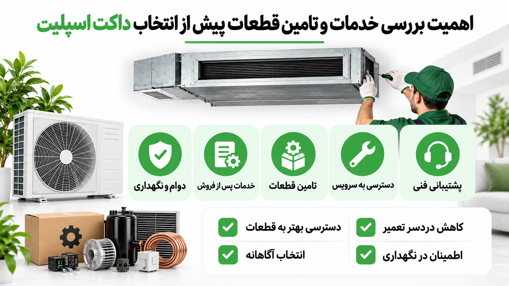 کاتالوگ داکت اسپلیت هیوندایی، بررسی مشخصات فنی و نکات انتخاب مدل مناسب 4 اهمیت بررسی خدمات و تامین قطعات پیش از انتخاب داکت اسپلیت