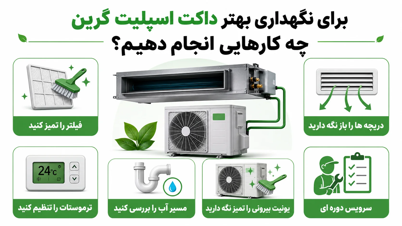 سرویس داکت اسپلیت گرین، راهنمای کامل سرویس و نگهداری 3 برای نگهداری بهتر داکت اسپلیت گرین چه کارهایی انجام دهیم؟