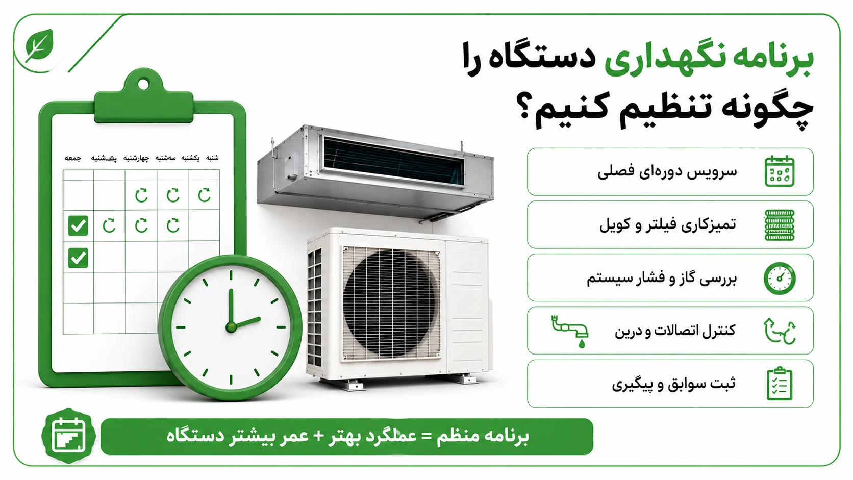 سرویس داکت اسپلیت زانتی، نکات مهم برای حفظ عملکرد دستگاه 4 برنامه نگهداری دستگاه را چگونه تنظیم کنیم؟