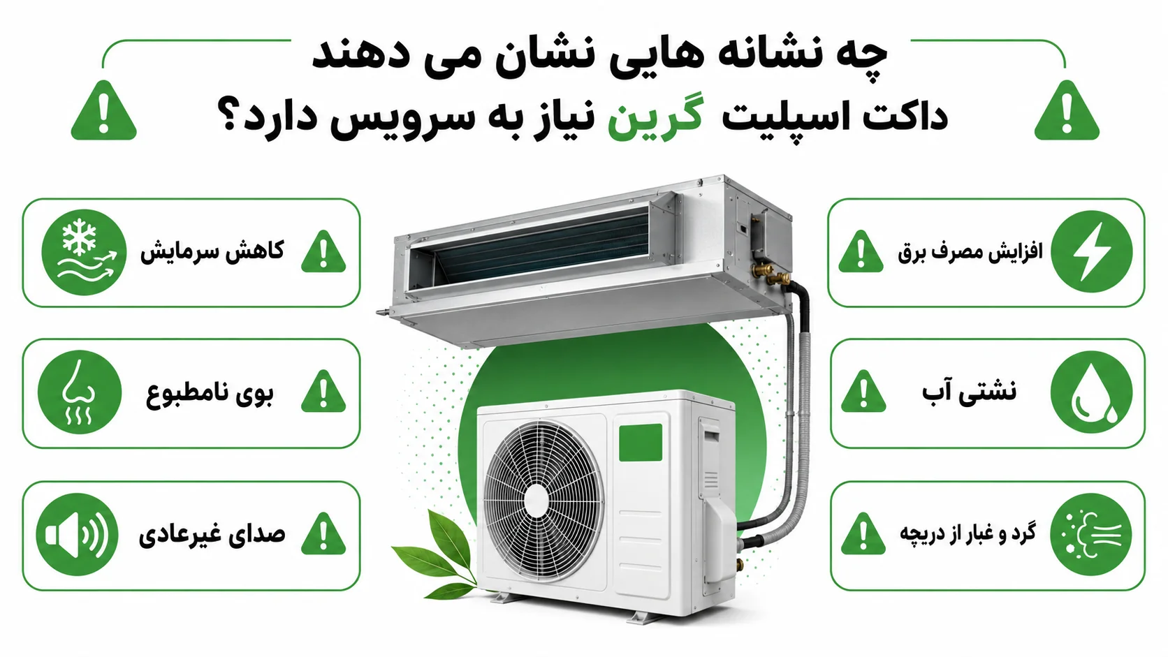 سرویس داکت اسپلیت گرین، راهنمای کامل سرویس و نگهداری 2 چه نشانه هایی نشان می دهند داکت اسپلیت گرین نیاز به سرویس دارد؟