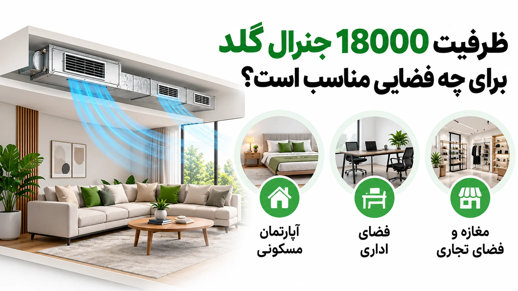 بهترین مدل داکت اسپلیت جنرال گلد کدام است؟ راهنمای انتخاب ظرفیت و مدل 2 ظرفیت 18000 جنرال گلد برای چه فضایی مناسب است؟