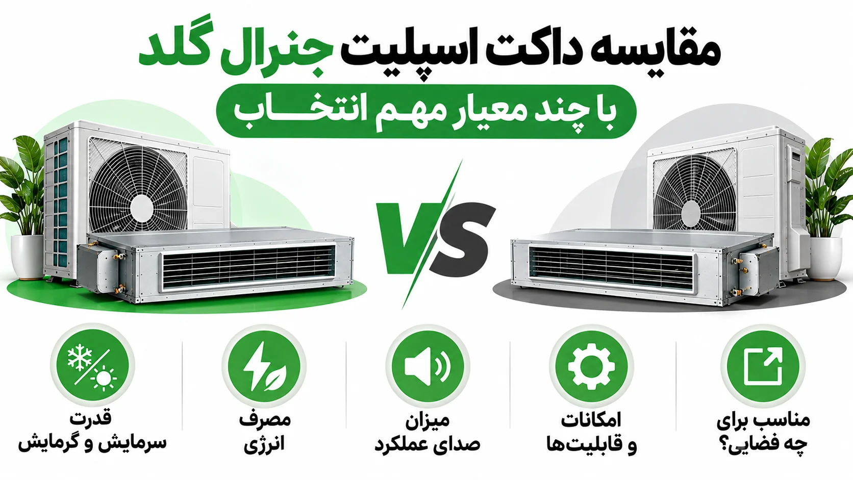 بهترین مدل داکت اسپلیت جنرال گلد کدام است؟ راهنمای انتخاب ظرفیت و مدل 4 مقایسه داکت اسپلیت جنرال گلد با چند معیار مهم انتخاب